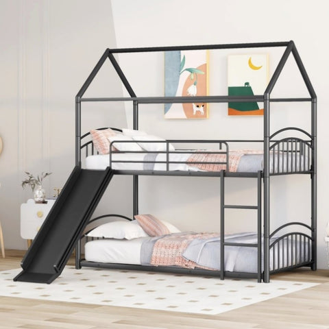 ZUN Twin Over Twin Metal Bunk Bed With Slide,Kids House Bed Black MF313919AAB