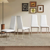 Modern White PU Dining Chairs Set of 4 - Diamond Quilted High Back Design with Silver Chrome Metal W2920P269762