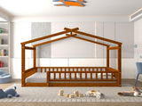 Full Size Wood Bed House Bed Frame with Fence, for Kids, Teens, Girls, Boys,Walnut WF302177AAL