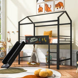 Metal House Bed With Slide, Twin Size Metal Loft Bed with Two-sided writable Wooden Board MF294384AAB