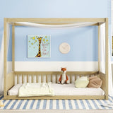 Full Size Canopy Frame Floor Bed with Fence, Guardrails,Natural W504P143283