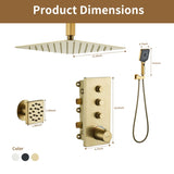 3-Function 12-Inch Ceiling-Mounted Thermostatic Shower System in Brushed Gold with Square Shower T3609P352716