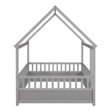 Full Size Floor Wooden Bed with House Roof Frame, Fence Guardrails,Grey W1858123988