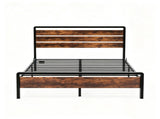 Queen Size Metal Wood Platform Bed Frame, 3-Panel Fire Burnt Brown Wood Grain Headboard with LED 63949330