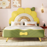ZUN Twin Size Upholstered Platform Bed with Sunflower Shaped Headboard, Green WF321479AAL