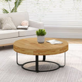 Modern Round Coffee Table Wooden Carving Pattern Coffee Table with Metal Legs for Living Room W757P186923