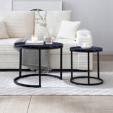 Set 2 Coffee Table Nesting Black top Black Frame Circular Round and Marble Pattern Wooden Tables, 62287079