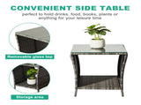 Outdoor Patio Wicker Side Table, Square End Table Bistro Coffee Table with Glass Top Storage Shelf 76160910