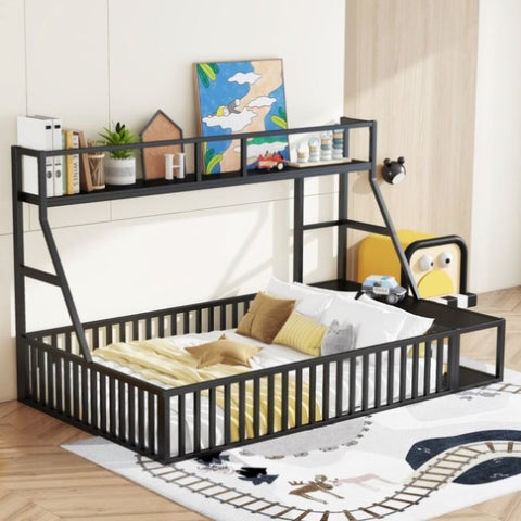 ZUN Full Size Floor Bed Frame with Safety Fence, Metal Floor Bed with Desk and Storage Shelves, W1580P240070