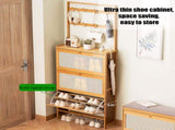 Shoe Cabinet with 3 Rattan Flip Drawers, Bamboo Storage Cabinet with Coat Hooks, Freestanding W2641P381049
