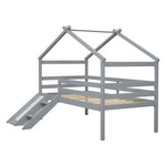 ZUN Twin Low Loft House Bed with Slide, Ladder, Safety Guardrails, House Roof Frame,Grey 74742872