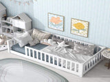 Twin Size Floor Bed with Fence without Door, Rubber Wood Floor Bed with Safety Guardrails,White W504P296795