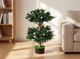 Set of 2 36" Artificial Boxwood Topiary Trees with Flowers, Indoor Outdoor Faux Plants 33264866
