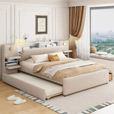 Queen Size Upholstered Platform Bed with Reading Lights, Drawers, Trundle and Shelves, Beige 57706475
