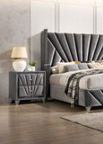 Fully Upholstered Frame 1pc Nightstand Gray Fabric Crystal-like Acrylic Knobs Glass Top Chrome Legs B011P321012