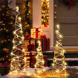Set of 3 Pre-Lit Christmas Cone Trees - 60 Warm White LEDs, 32"/24"/16" Sizes, Brown Rattan 68689856