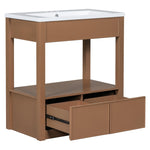 ZUN 30" Bathroom Vanity with Sink Top, Bathroom Cabinet with Open Storage Shelf and Two Drawers, Brown 51882165