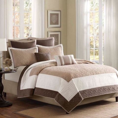 ZUN 7 Piece Quilt Set with Euro Shams and Throw Pillows Beige Full/Queen B03597430