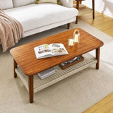 ZUN 47.25" Mid-Century Coffee Table with Woven Shelf, Boho Rattan Coffee Table with Storage, Farmhouse W1801P195652