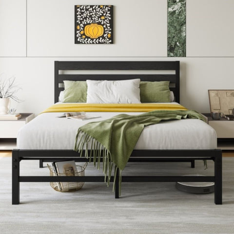 ZUN Full Size Platform Bed Frame with Rustic Vintage Wood Headboard, No Box Spring Needed Black W840P164957