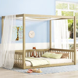 Full Size Canopy Frame Floor Bed with Fence, Guardrails,Natural W504P143283
