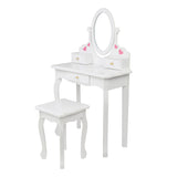 Children's Wooden Dressing Table Reversible Round Mirror Dressing Table Chair Three Drawers White 09401206