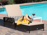 6-Gear Adjustable Patio Chaise Lounge, 200.6673.66 cm Brown PE Wicker Recliner with Beige Cushion, 25817555
