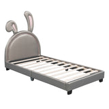 Twin Size Upholstered Leather Platform Bed with Rabbit Ornament, Gray WF299137AAE