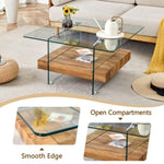 ZUN 31.4 Inch Modern Two-Tier Square Coffee Table -An Elegant Combination of Clear Glass and Light Wood W1151P232654