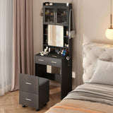 Small Vanity Desk with Sliding Mirror and LED Lights, Makeup Table with Charging Station and Storage 24790285