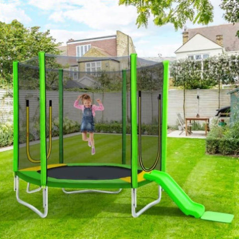 ZUN 7FT Trampoline for Kids with Safety Enclosure Net, Slide and Ladder, Easy Assembly Round Outdoor 58410143