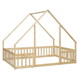 Full Wood House-Shaped Floor Bed with Fence, Guardrails,Natural W504P143295