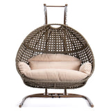 Brown Wicker Hanging Double-Seat Swing Chair with Stand w/Beige Cushion 9716KD3-BB