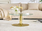 27.5-inch diameter round tempered glass coffee table. 17.7 inches high, supported by a golden metal W1151P439524