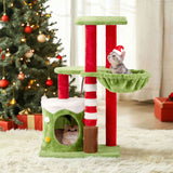 32in Cat Scratching Posts Tower with Cat Condo and Hammock, Christmas Themed Plush Cat Tree with Cat 13527458
