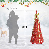 6FT Red Pop-Up Christmas Tree with 150 Warm White LED Lights, Ornaments Included 4 Ribbons, Bow, 47979729
