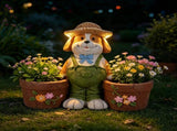 Magnesium Oxide Dog Statue Planter with Solar LED Lights in Ears, Dual Flower Pots Garden Decor, W6572P574589