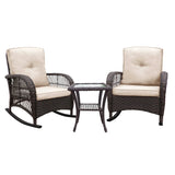 ZUN 3 Pieces Conversation Set, Outdoor Wicker Rocker Patio Bistro Set, Rocking Chair with Glass Top Side W2749P185869