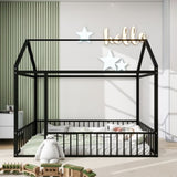Twin Size Metal Bed House Bed Frame with Fence, for Kids, Teens, Girls, Boys, Black MF304315AAB