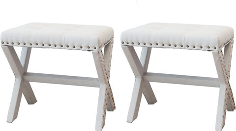 ZUN Set of 2 Silver Modern Chic Vanity Stool Upholstered Chair Soft Linen Fabric Nailhead Trim Tufted B011P202589