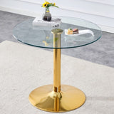 A 35-inch diameter glass top and a modern, minimalist round dining table with gold metal legs. Ideal W1151P263755