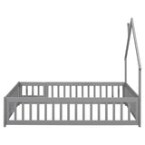 Full House-Shaped Headboard Floor Bed with Fence ,Grey W504119480