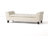 lvory Fabric Storage Bench with Rolled Arms, 38" Seat Width, Black Legs, Button Fabric Design, N770P372389A