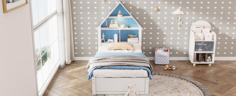 ZUN Twin Size House-Shaped Bed with Bookcase Headboard and Led Light and Twin Size Trundle for Kids Boys WF530847AAC
