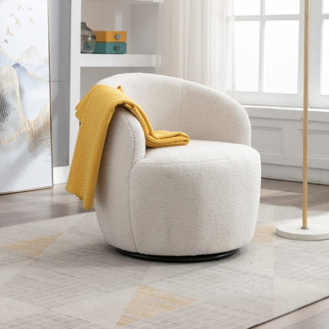ZUN Teddy Fabric Swivel Accent Armchair Barrel Chair With Black Powder Coating Metal Ring,Ivory White 70027598