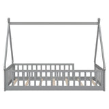 Twin Tent-shaped Floor Bed, Teepee Bed with Guardrails, Slats,Grey W504119495