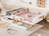 Full Size Platform Bed with Storage Drawers, Solid Wood Beds Frame with Bed Guardrail, Small Shelf, W1580P373244