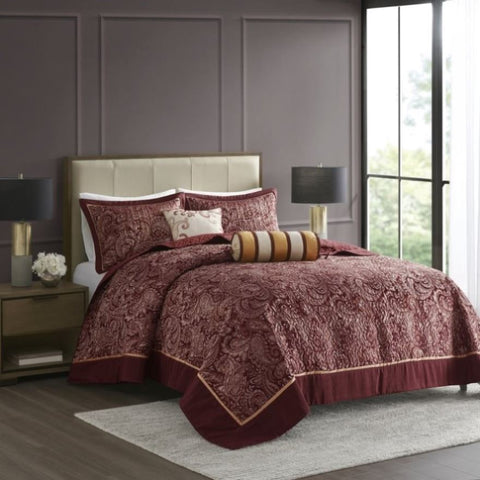 ZUN 5 Piece Jacquard Bedspread Set with Throw Pillows Burgundy King B03597643