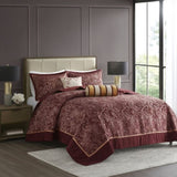 ZUN 5 Piece Jacquard Bedspread Set with Throw Pillows Burgundy Queen B035129012