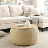Round Storage Ottoman, 2 in 1 Function, Work as End table and Ottoman, Natural W48762888